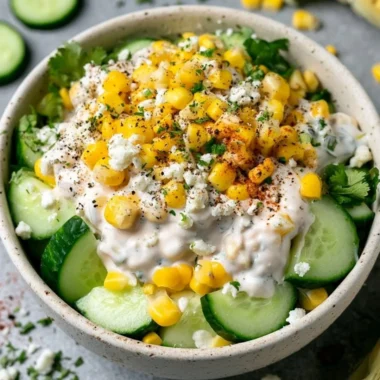 Creamy corn and cucumber salad in a bowl, garnished with herbs.