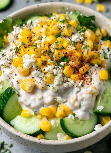 Creamy corn and cucumber salad in a bowl, garnished with herbs.