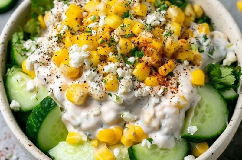 Creamy corn and cucumber salad in a bowl, garnished with herbs.