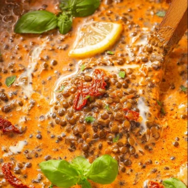Creamy Marry Me Lentils dish served in a bowl with herbs and spices