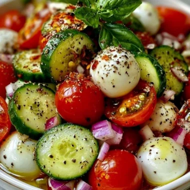 Cucumber Caprese Salad with fresh tomatoes, mozzarella, and basil