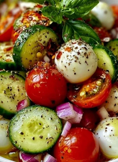 Cucumber Caprese Salad with fresh tomatoes, mozzarella, and basil
