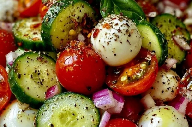 Cucumber Caprese Salad with fresh tomatoes, mozzarella, and basil