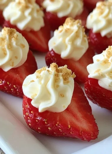 Delicious deviled strawberries filled with creamy mixture on a serving plate