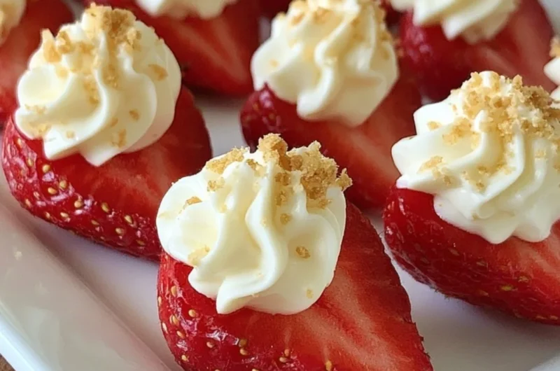 Delicious deviled strawberries filled with creamy mixture on a serving plate