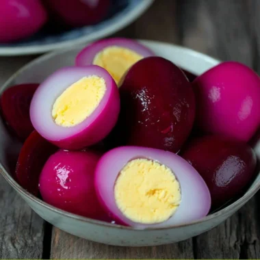 A jar of vibrant and appetizing easy pickled eggs sitting on a kitchen counter.
