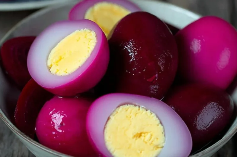 A jar of vibrant and appetizing easy pickled eggs sitting on a kitchen counter.