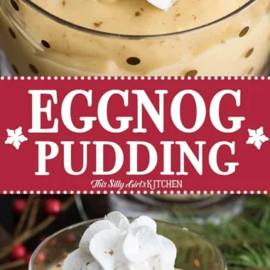 Delicious homemade Eggnog Pudding topped with nutmeg and festive decorations.