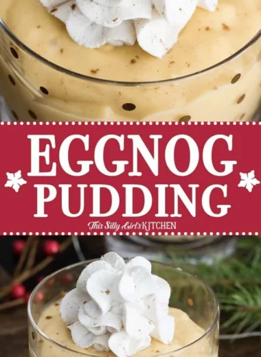 Delicious homemade Eggnog Pudding topped with nutmeg and festive decorations.