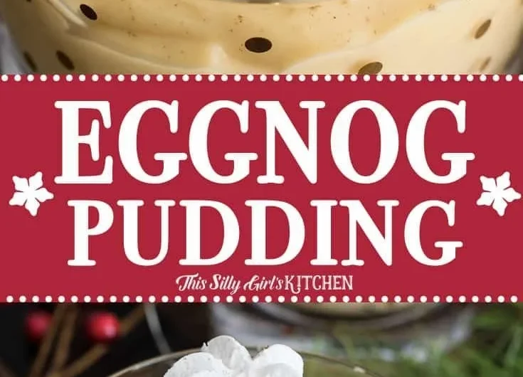Delicious homemade Eggnog Pudding topped with nutmeg and festive decorations.