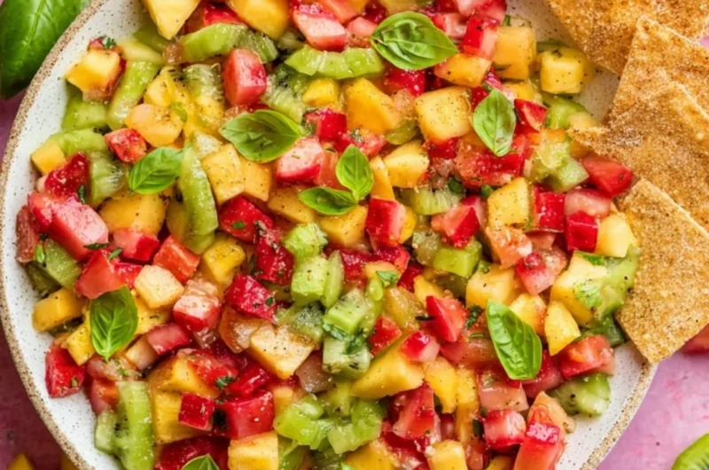 Bowl of fresh fruit salsa with a side of cinnamon sugar chips for dipping.