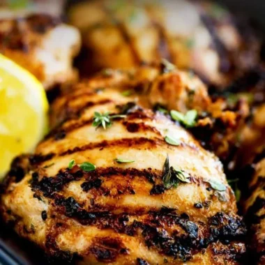 Grilled apple cider thyme chicken garnished with herbs and served on a plate