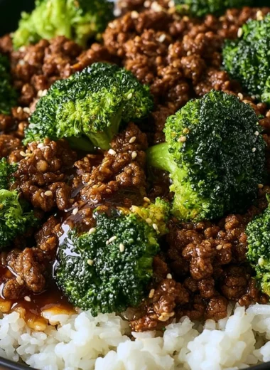 Delicious ground beef and broccoli stir-fry served in a bowl.