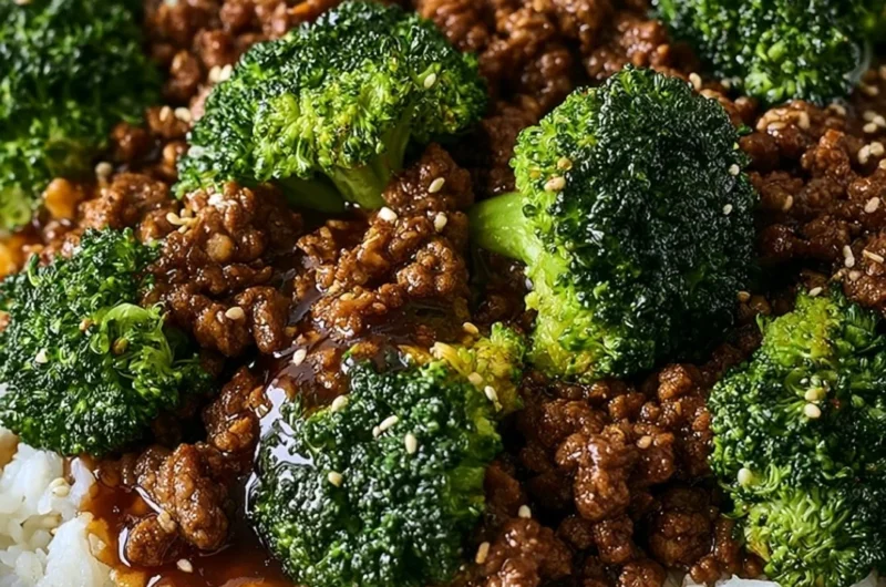 Delicious ground beef and broccoli stir-fry served in a bowl.