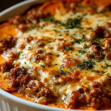 Ground Turkey Sweet Potato Bake in a casserole dish, garnished with herbs