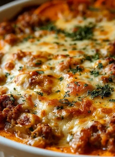 Ground Turkey Sweet Potato Bake in a casserole dish, garnished with herbs