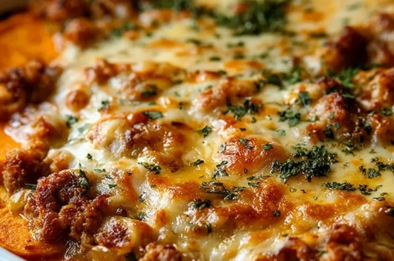 Ground Turkey Sweet Potato Bake in a casserole dish, garnished with herbs