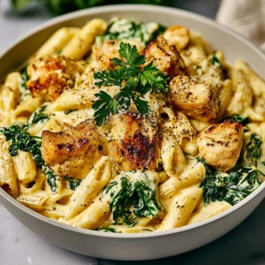 Healthy garlic parmesan chicken pasta dish served with fresh herbs