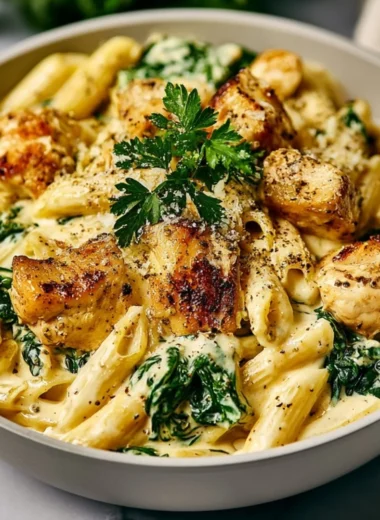Healthy garlic parmesan chicken pasta dish served with fresh herbs
