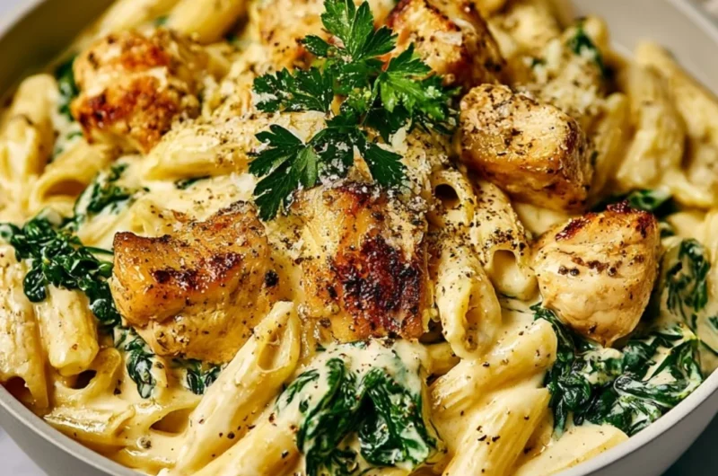 Healthy garlic parmesan chicken pasta dish served with fresh herbs
