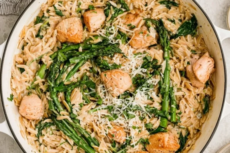 High protein chicken orzo dish with fresh ingredients and herbs