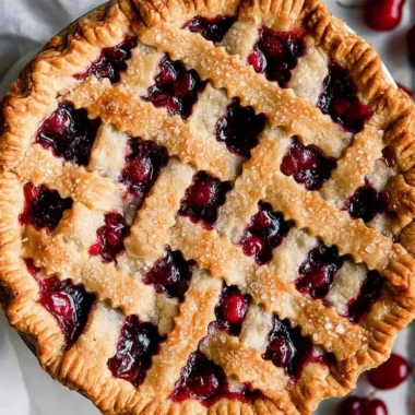 Homemade cherry pie with a golden crust and fresh cherries ready to serve.