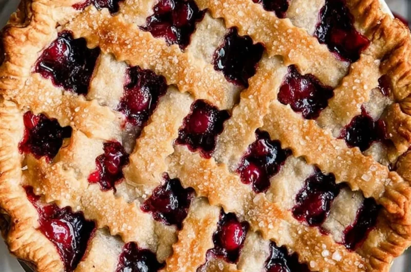 Homemade cherry pie with a golden crust and fresh cherries ready to serve.