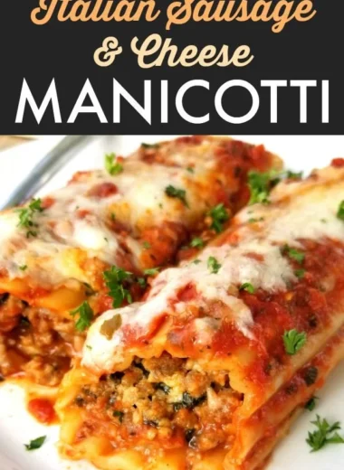 Delicious baked manicotti stuffed with Italian sausage and cheese