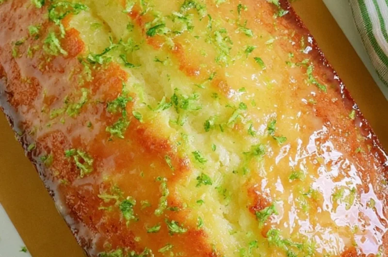 Delicious Key Lime Pound Cake sliced on a plate with a lime garnish