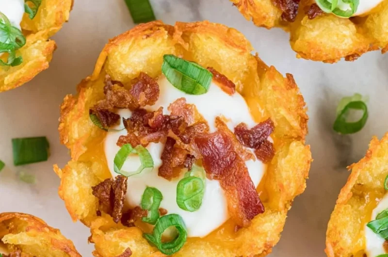 Delicious loaded tater tots topped with cheese, bacon, and green onions.