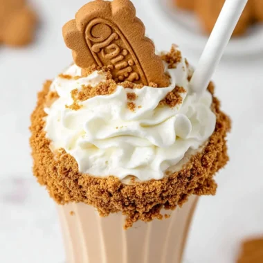 Delicious Lotus Biscoff Milkshake topped with crushed cookies and whipped cream