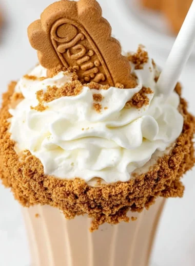 Delicious Lotus Biscoff Milkshake topped with crushed cookies and whipped cream