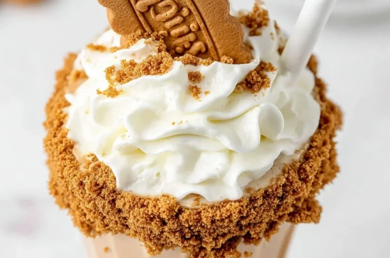 Delicious Lotus Biscoff Milkshake topped with crushed cookies and whipped cream