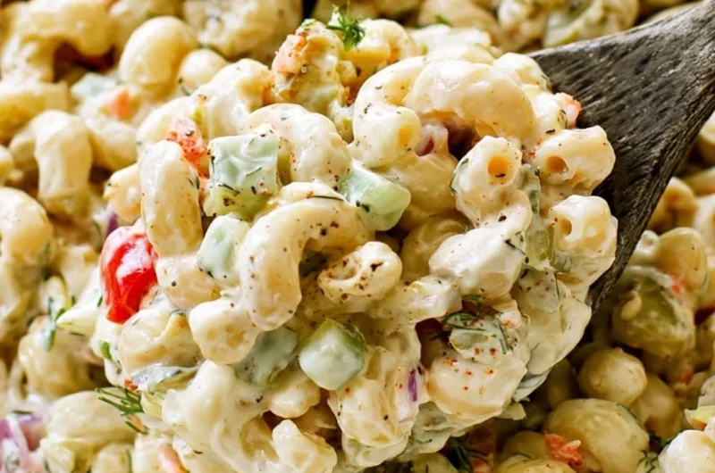 Delicious macaroni salad served in a bowl with colorful vegetables