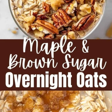 Bowl of Maple Brown Sugar Overnight Oats topped with nuts and fruits