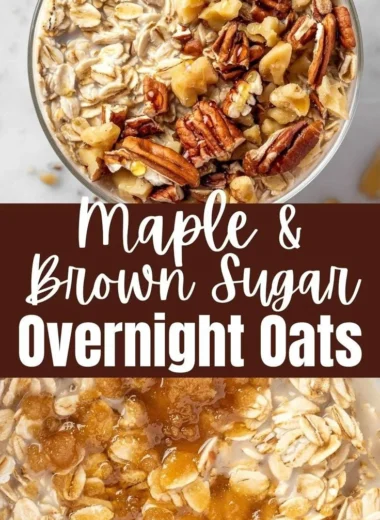 Bowl of Maple Brown Sugar Overnight Oats topped with nuts and fruits