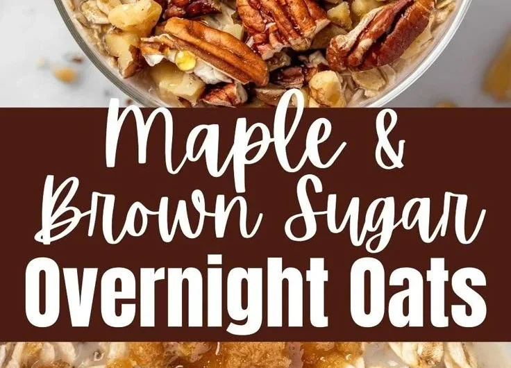 Bowl of Maple Brown Sugar Overnight Oats topped with nuts and fruits