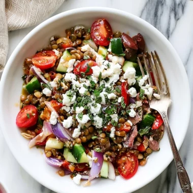 Healthy Mediterranean Lentil Salad with fresh vegetables and herbs