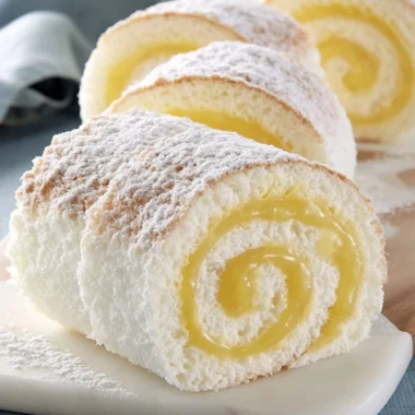 Moist lemon cake roll with fluffy angel cake filling and lemon zest.