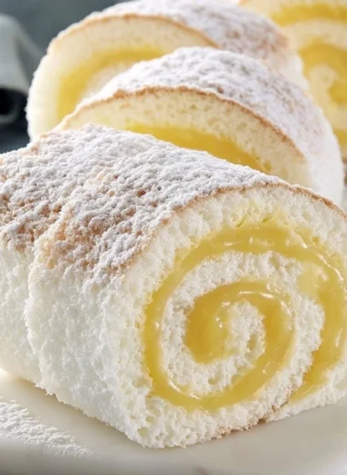 Moist lemon cake roll with fluffy angel cake filling and lemon zest.