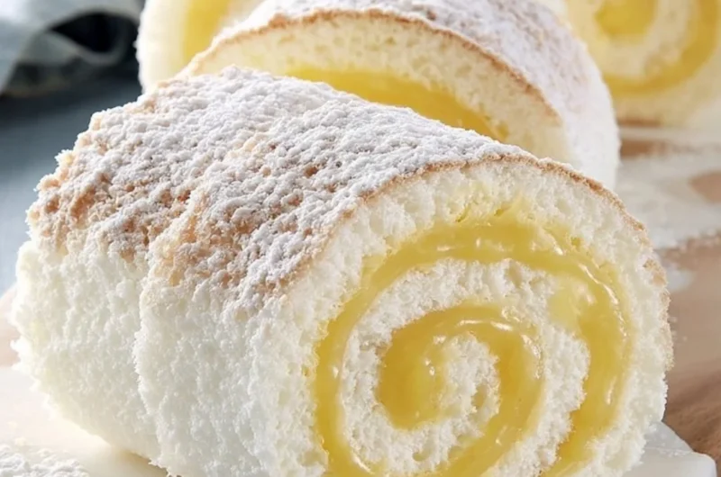 Moist lemon cake roll with fluffy angel cake filling and lemon zest.