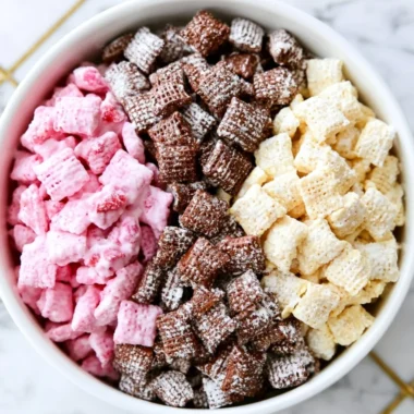 Neapolitan Puppy Chow dessert with chocolate, vanilla, and strawberry flavors.
