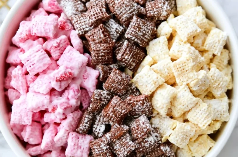 Neapolitan Puppy Chow dessert with chocolate, vanilla, and strawberry flavors.