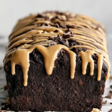 Delicious peanut butter chocolate banana bread slice on a wooden board.