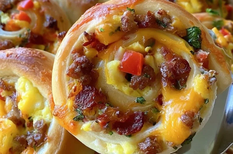 Freshly baked savory breakfast rolls on a wooden table.