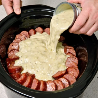 Amish-style sausage noodle bake cooked in a slow cooker, garnished and ready to serve.