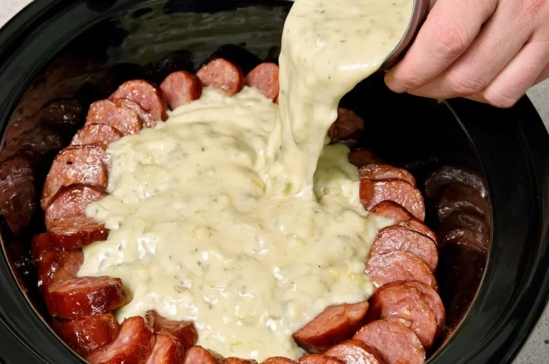 Amish-style sausage noodle bake cooked in a slow cooker, garnished and ready to serve.