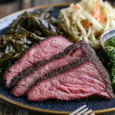 Juicy smoked tri tip sliced and served on a wooden cutting board