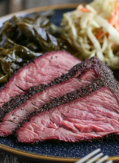 Juicy smoked tri tip sliced and served on a wooden cutting board
