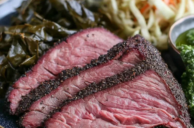 Juicy smoked tri tip sliced and served on a wooden cutting board